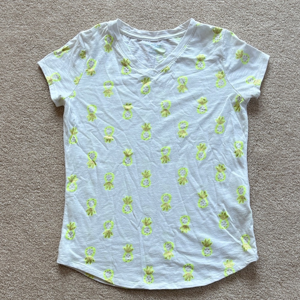 Cat & Jack White V-Neck Tee with Neon Yellow Pineapple Print